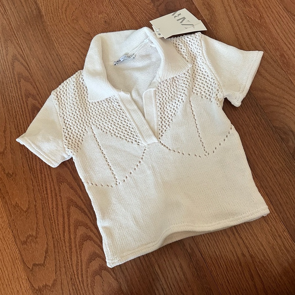 Zara White Open-Knit Polo Short Sleeve Top - Picture 3 of 10